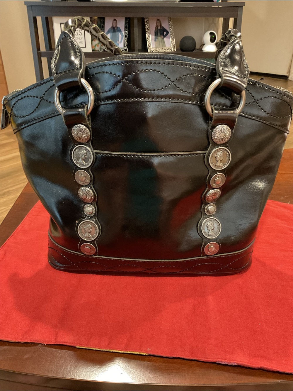 Patricia Nash Black Coin-Button Leather Shoulder Tote